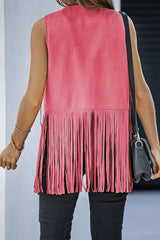 Pink Fringed Quilted Hem Open Vest Coat