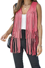 Pink Fringed Quilted Hem Open Vest Coat