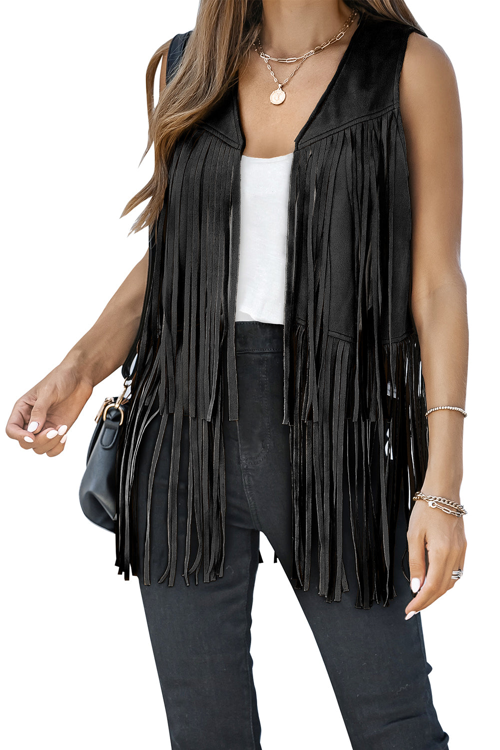 Black Fringed Quilted Hem Open Vest Coat