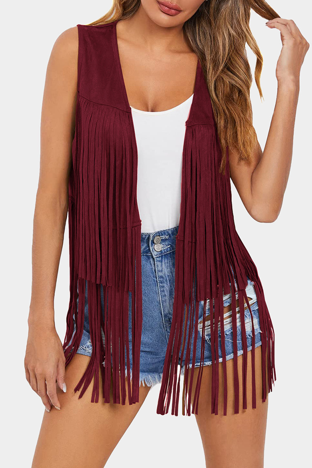 Red Fringed Quilted Hem Open Vest Coat