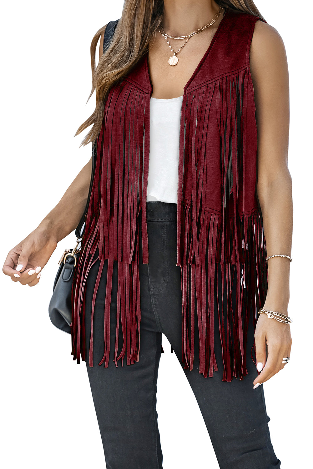 Red Fringed Quilted Hem Open Vest Coat