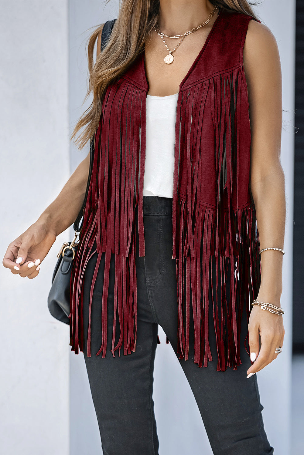 Red Fringed Quilted Hem Open Vest Coat