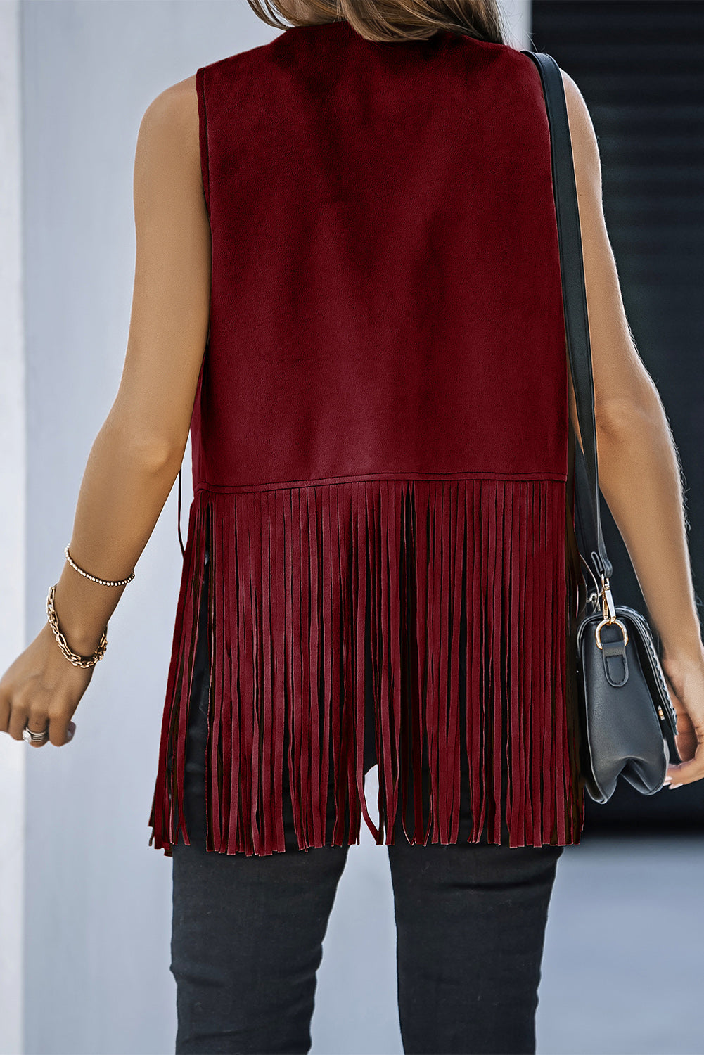 Red Fringed Quilted Hem Open Vest Coat