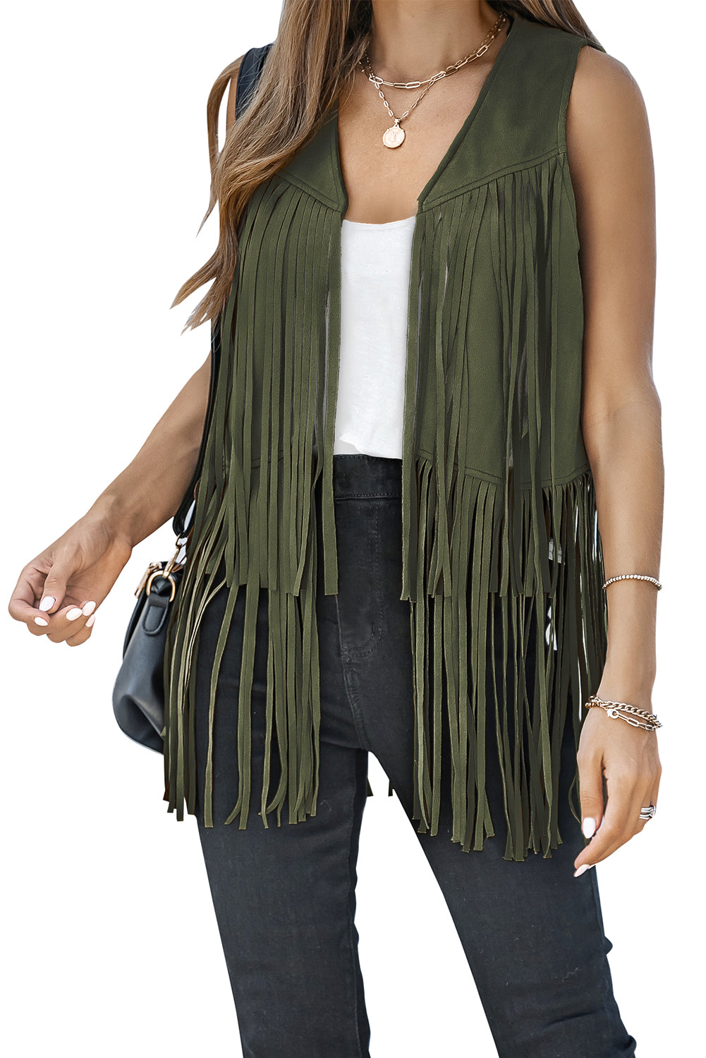 Green Fringed Quilted Hem Open Vest Coat