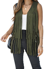 Green Fringed Quilted Hem Open Vest Coat