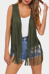 Green Fringed Quilted Hem Open Vest Coat