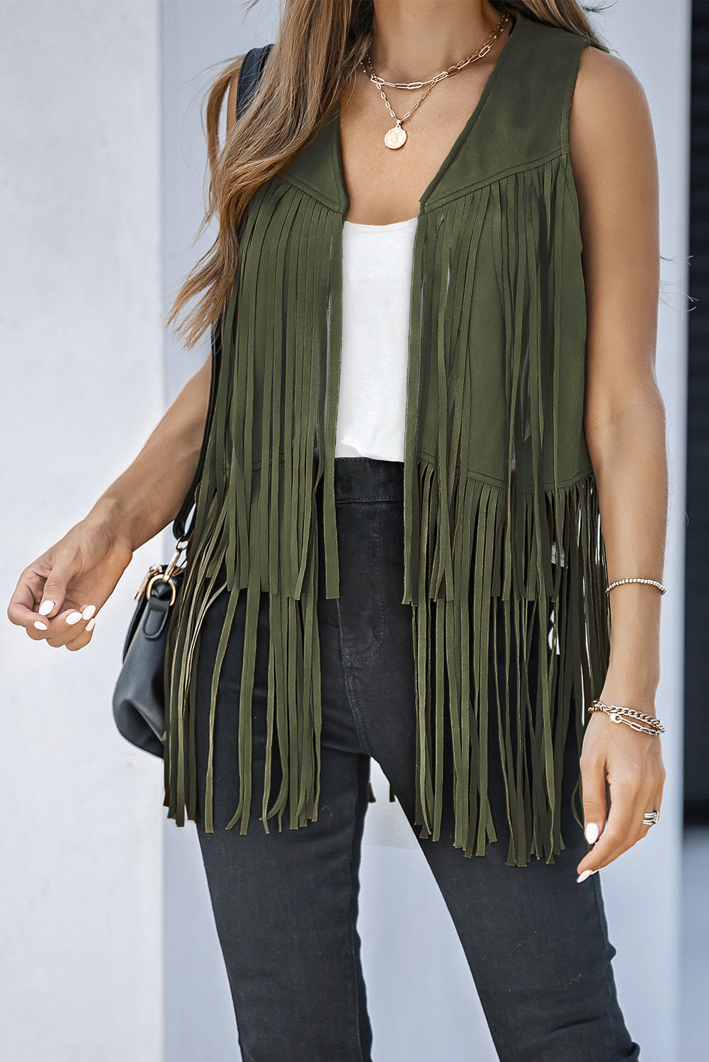 Green Fringed Quilted Hem Open Vest Coat