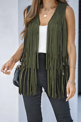 Green Fringed Quilted Hem Open Vest Coat