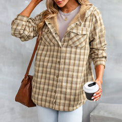 Khaki Plaid Pattern Sherpa Lined Hooded Shacket