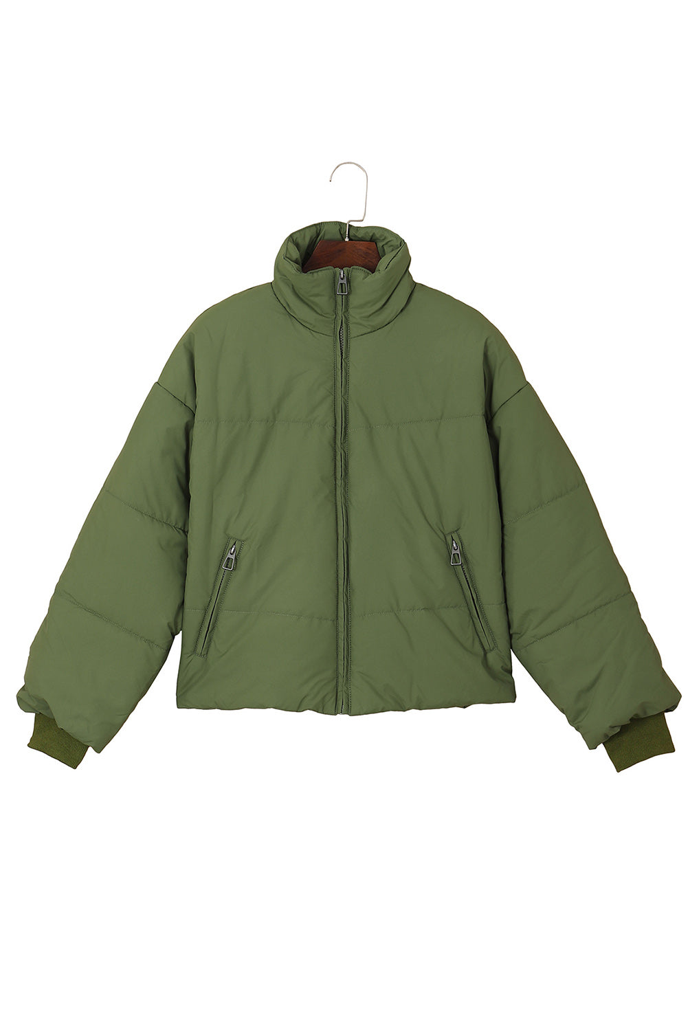 Green Pocket Zip Up Stand Collar Jacket