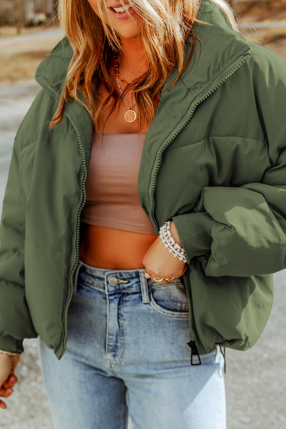 Green Pocket Zip Up Stand Collar Jacket