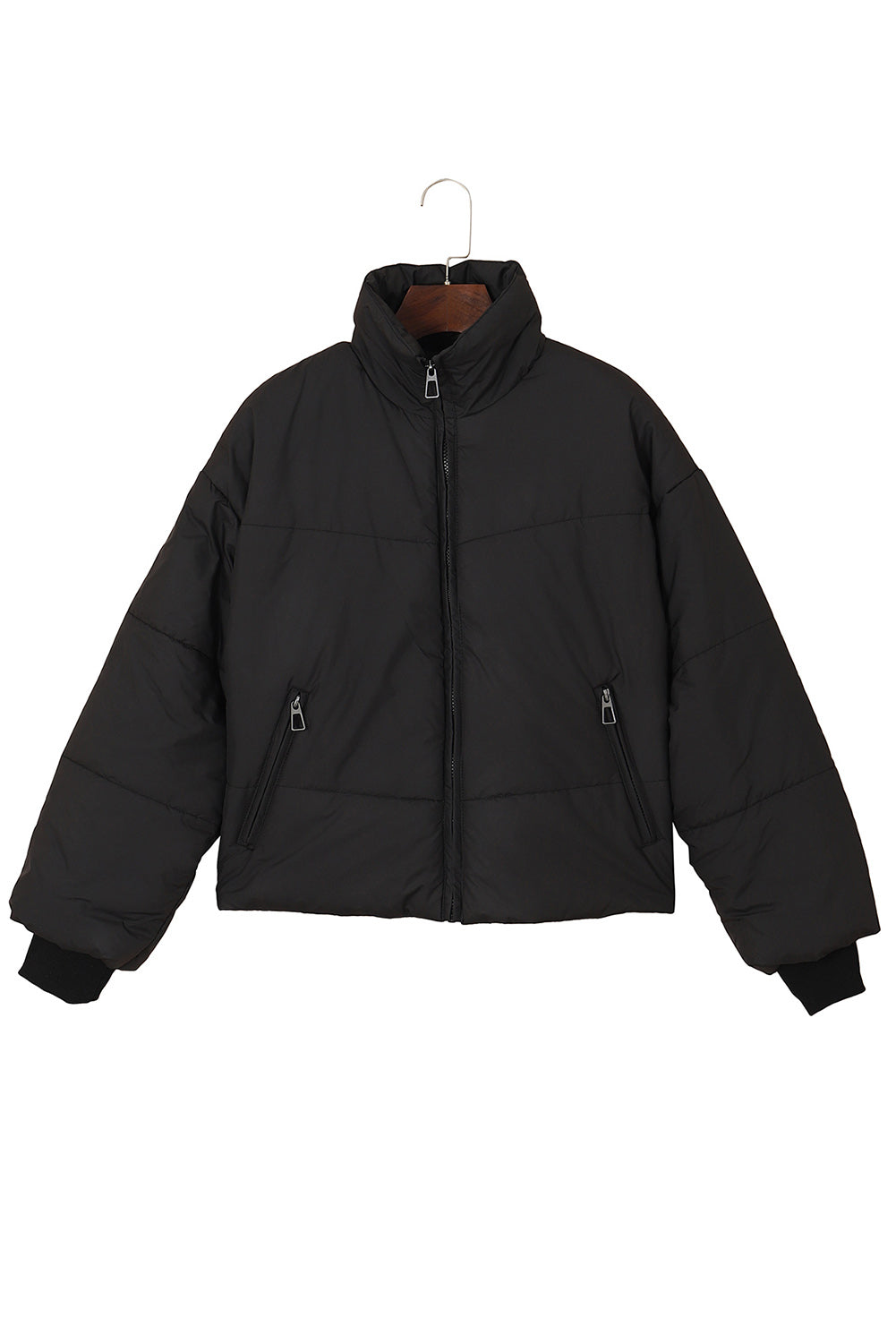 Black Pocket Zip Up Stand Collar Jacket