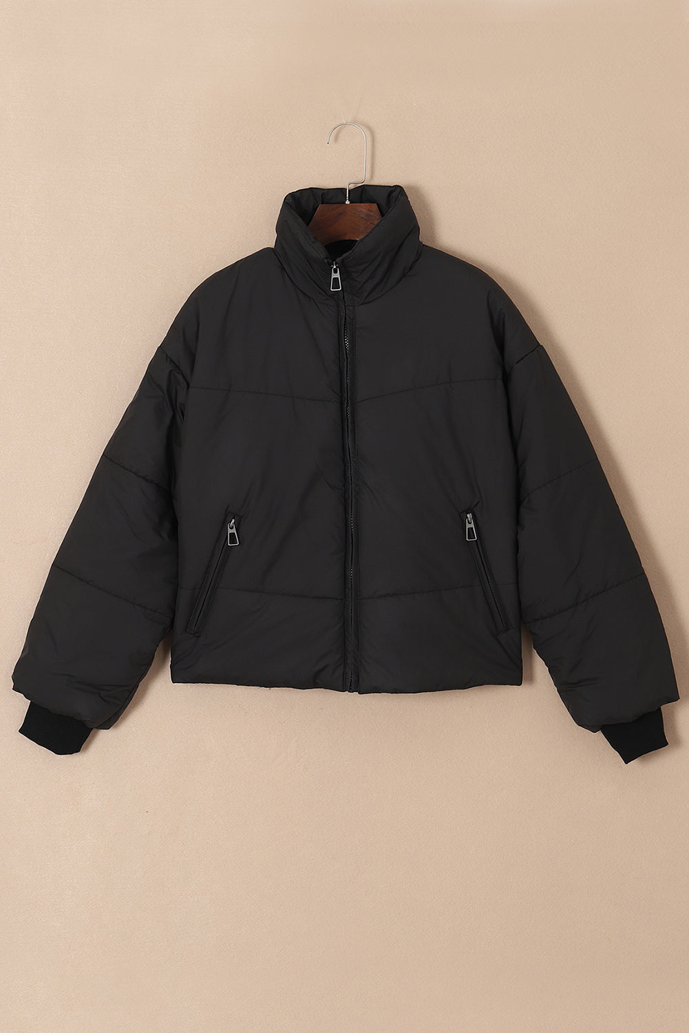 Black Pocket Zip Up Stand Collar Jacket