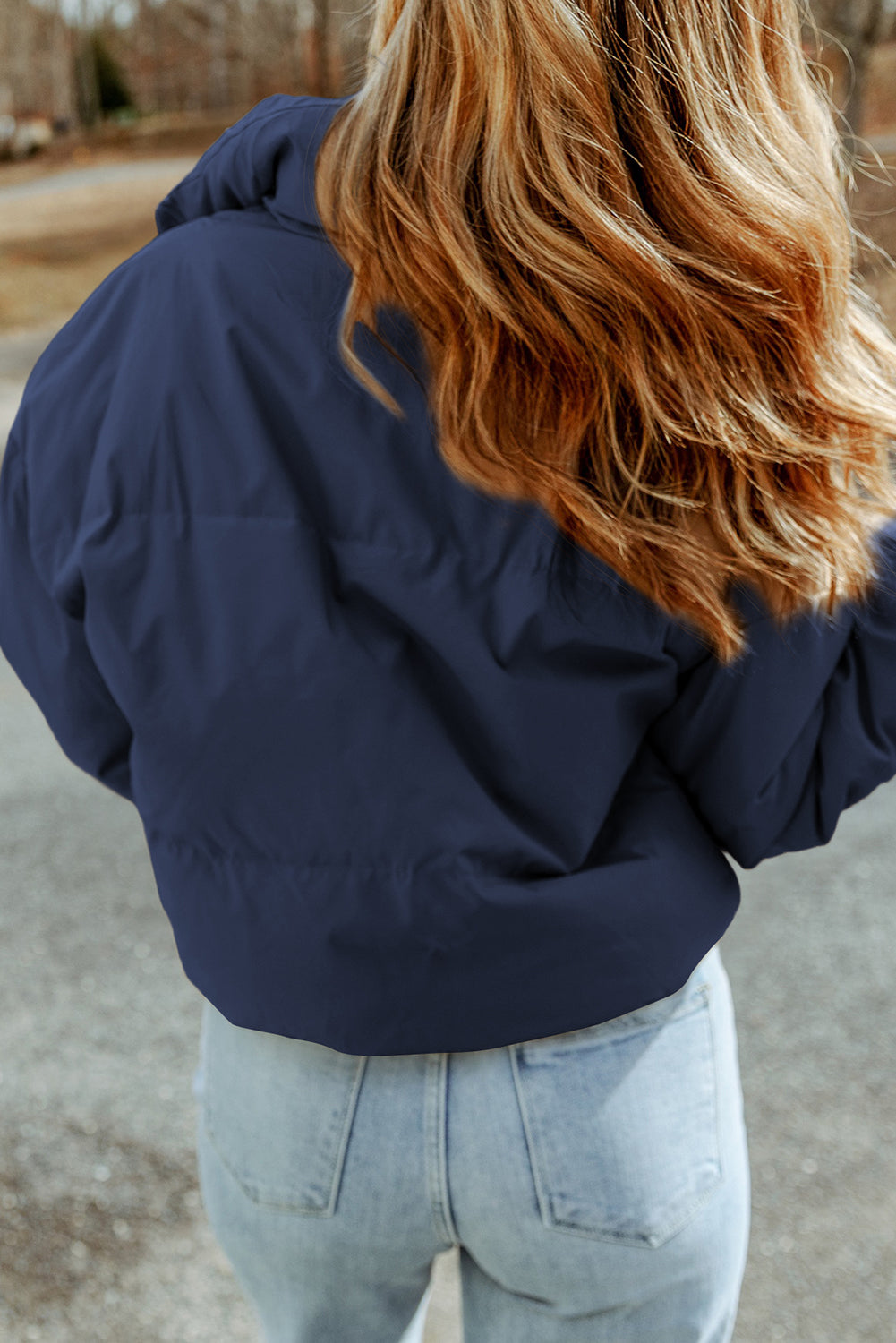 Blue Pocket Zip Up Stand Collar Jacket