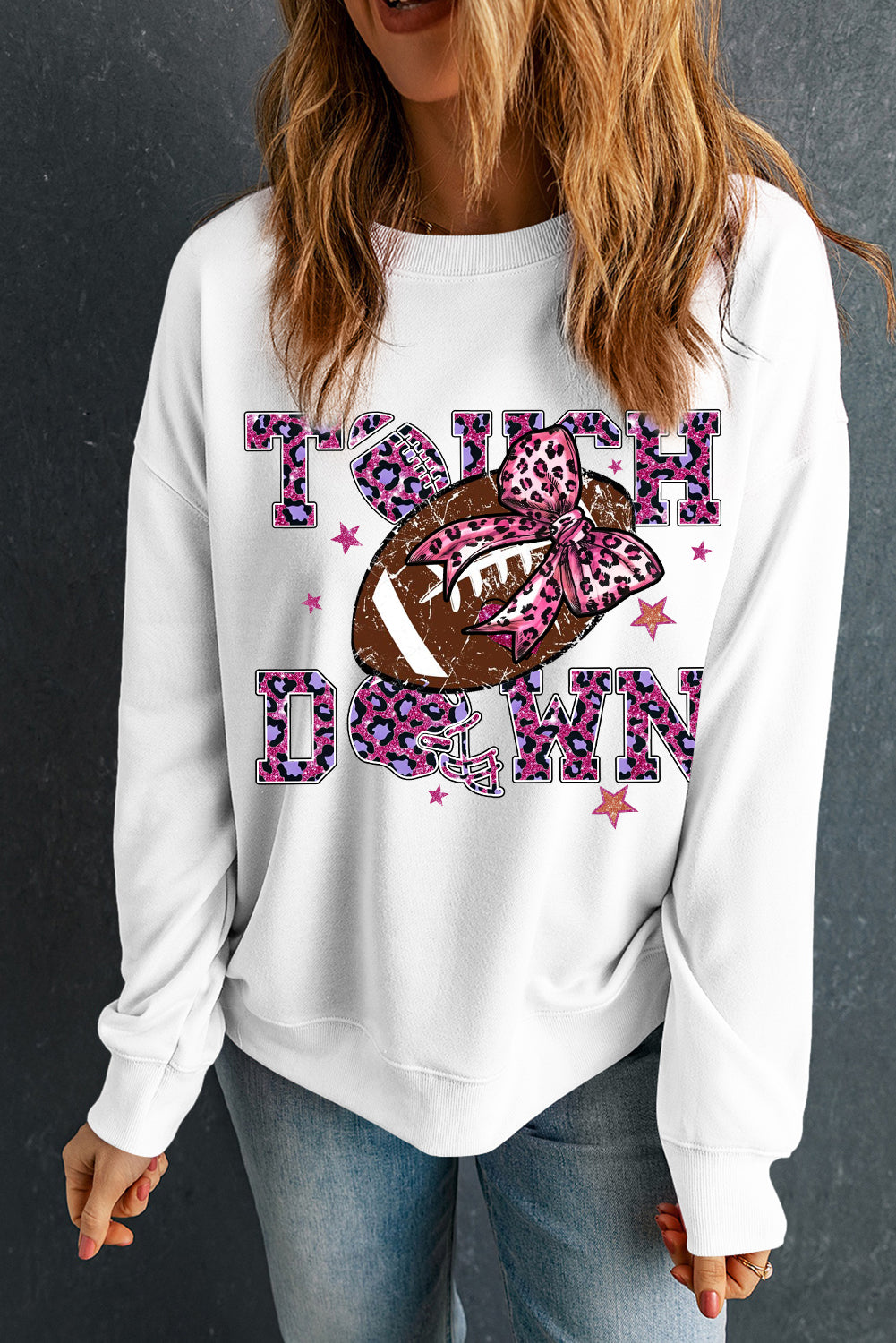 Touch Down Crew Neck Bow Rugby Print Pullover Sweatshirt