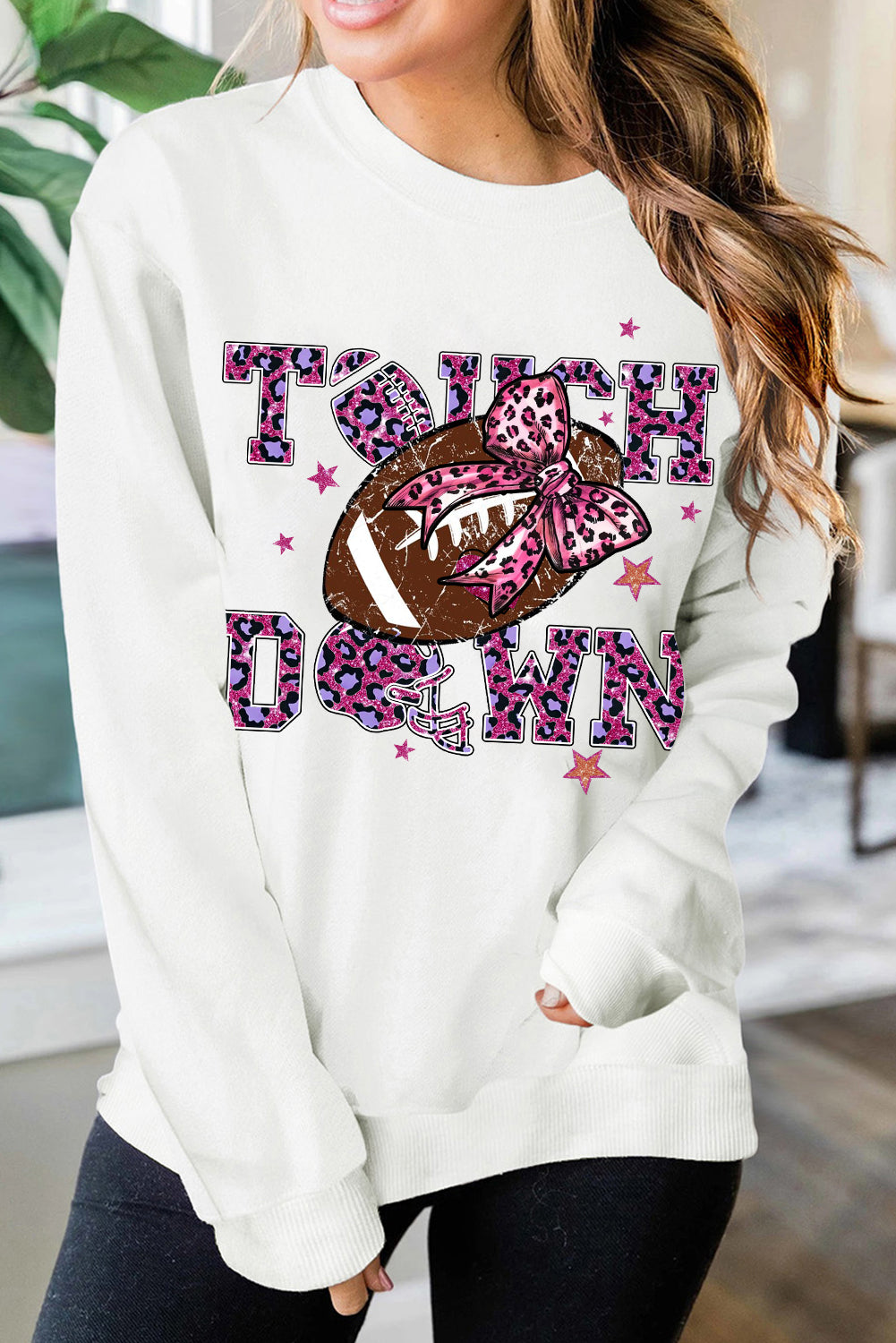 Touch Down Crew Neck Bow Rugby Print Pullover Sweatshirt