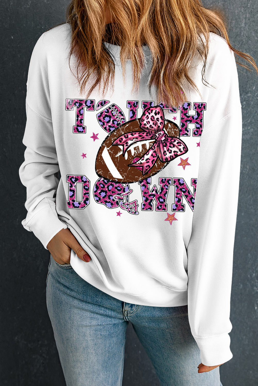 Touch Down Crew Neck Bow Rugby Print Pullover Sweatshirt