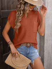 Crewneck Pocket Trim Top Short-sleeved Sweater