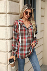 Long Sleeve Hooded Button Plaid Jacket Sweater