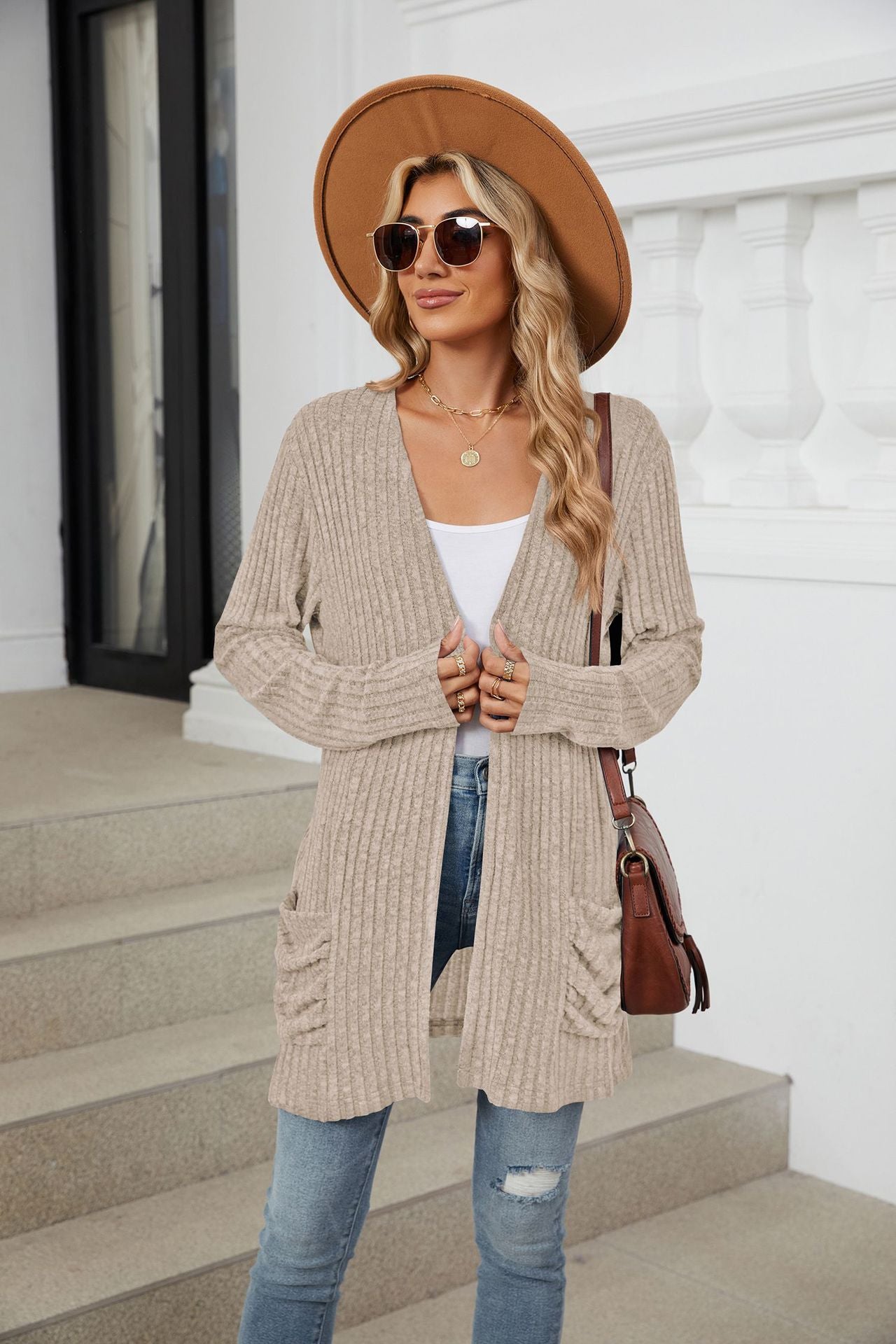 Solid Color Pocket Long-sleeved Bottom Cardigan Knitted Sweater