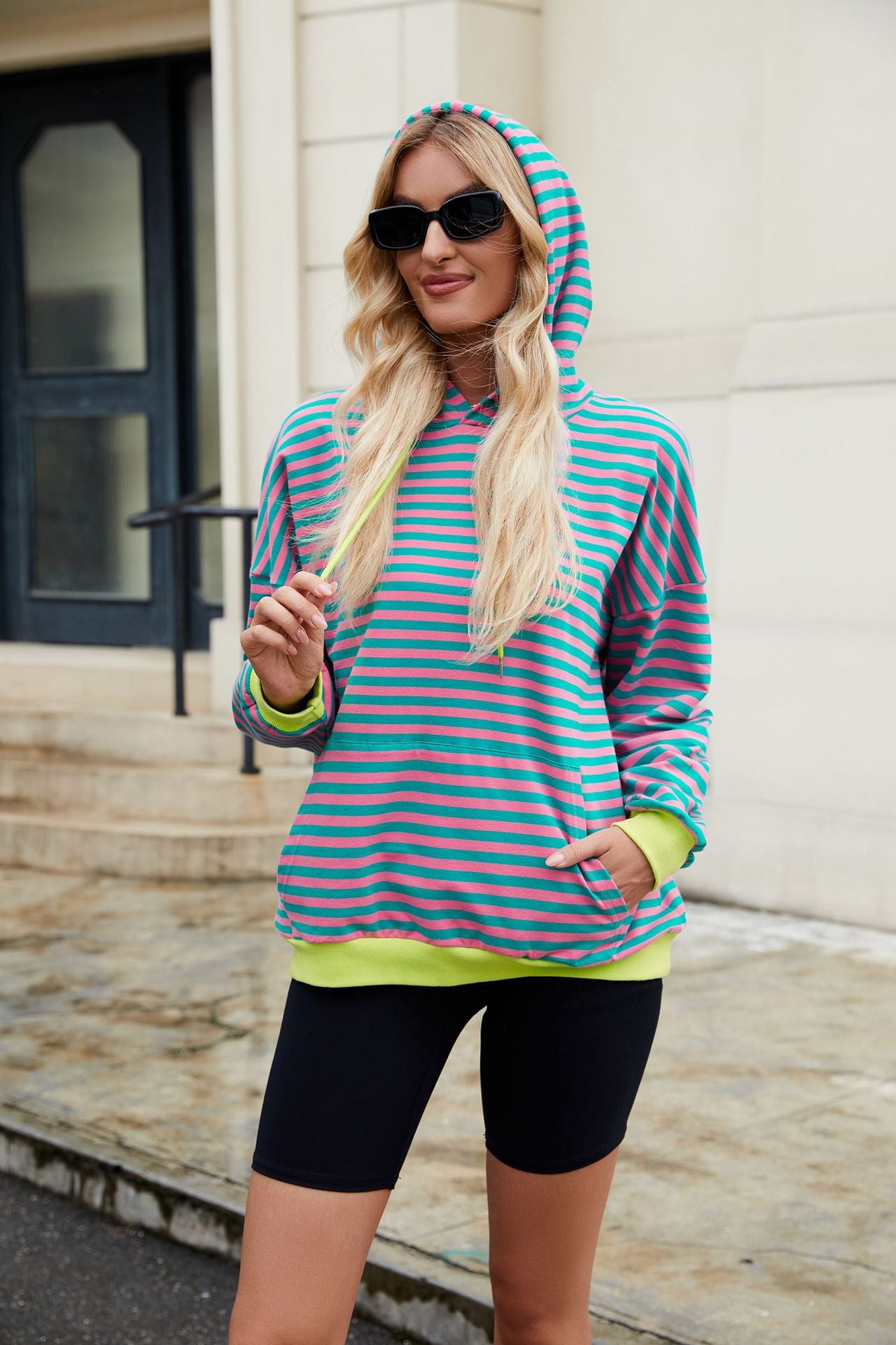 Striped Contrast Casual Hooded Loose Pocket Sweater