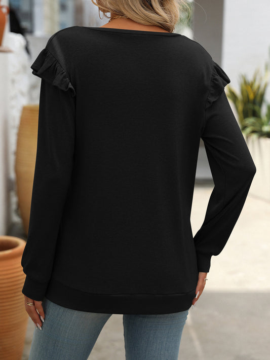 Solid Color Casual Flying Sleeve V-neck Long Sleeve T-shirt