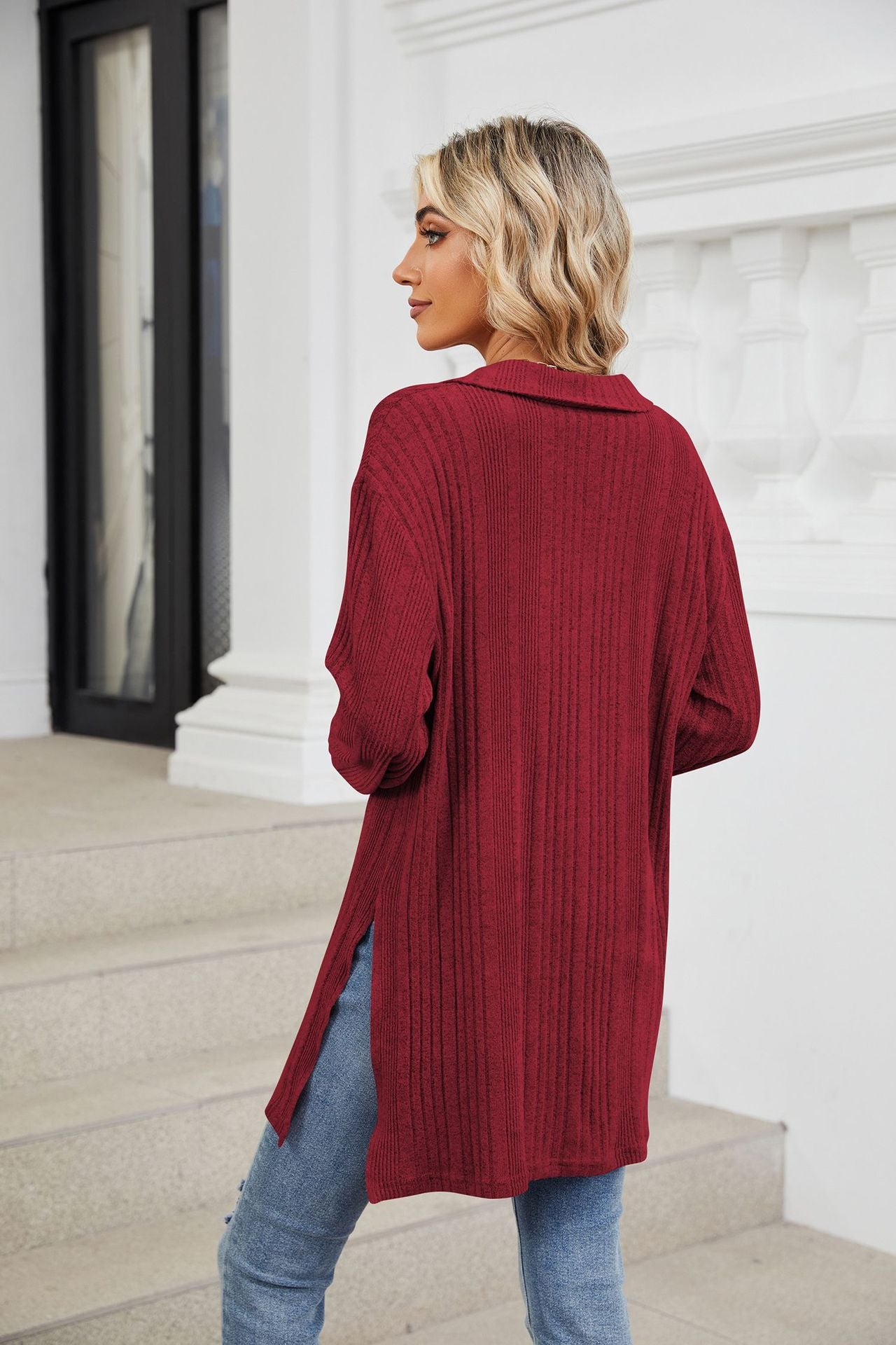 Solid Color V-neck Long-sleeved Loose T-shirt Top