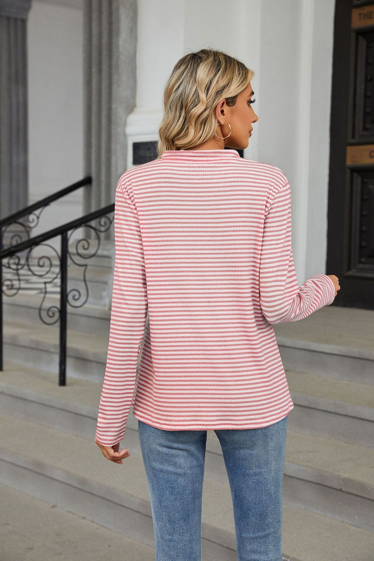 V-neck Button Striped Loose Long Sleeves