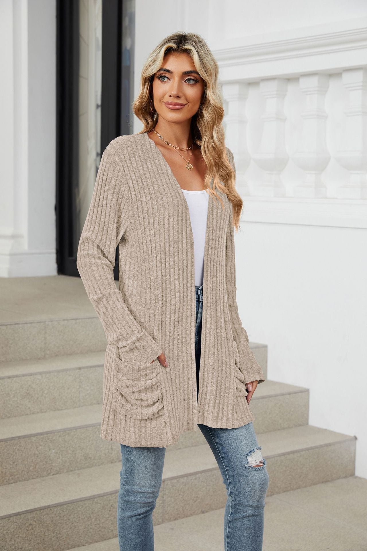 Solid Color Pocket Long-sleeved Bottom Cardigan Knitted Sweater