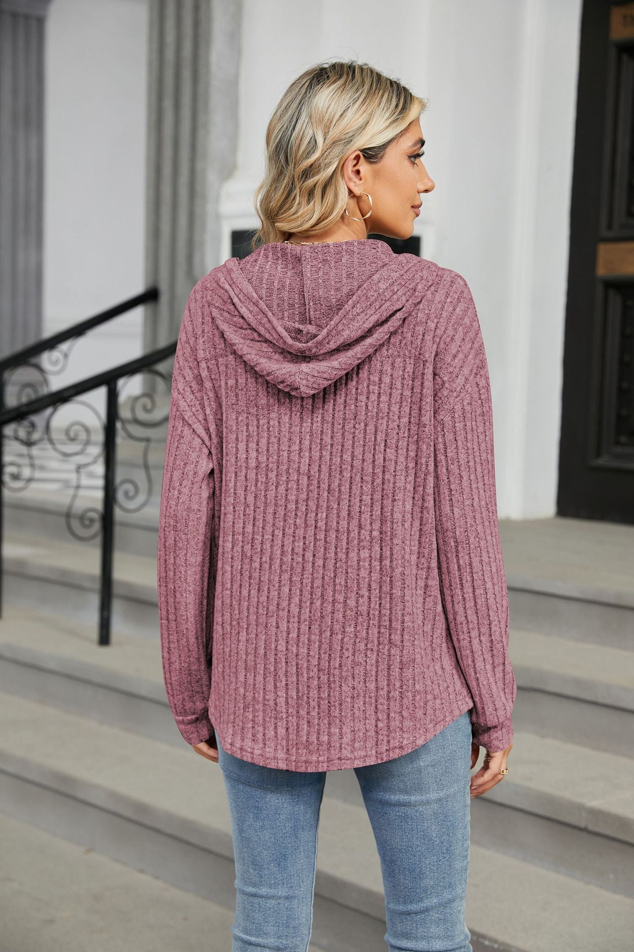 Solid Color Button Hooded Pocket Loose Sweater