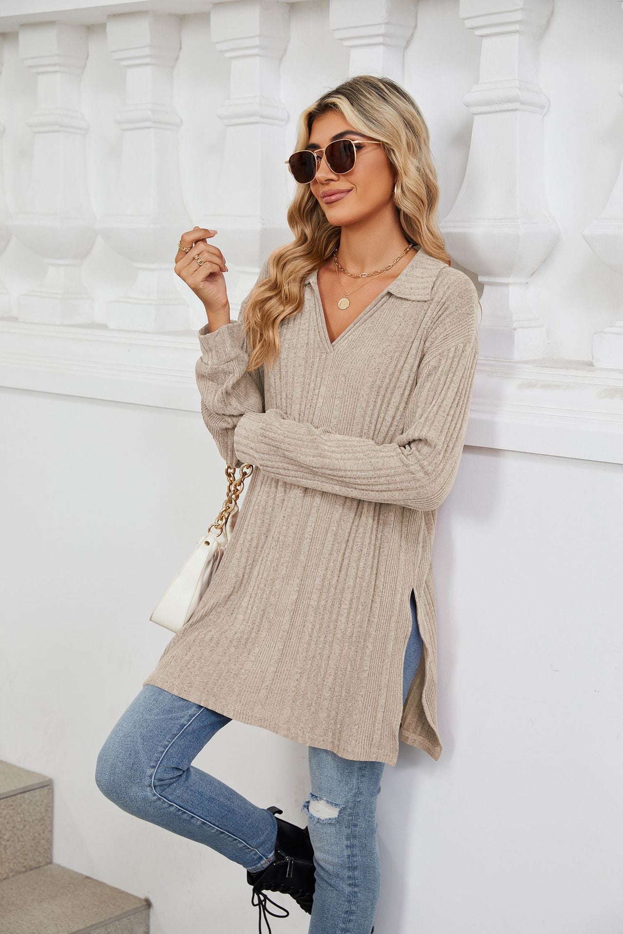 Solid Color V-neck Long-sleeved Loose T-shirt Top