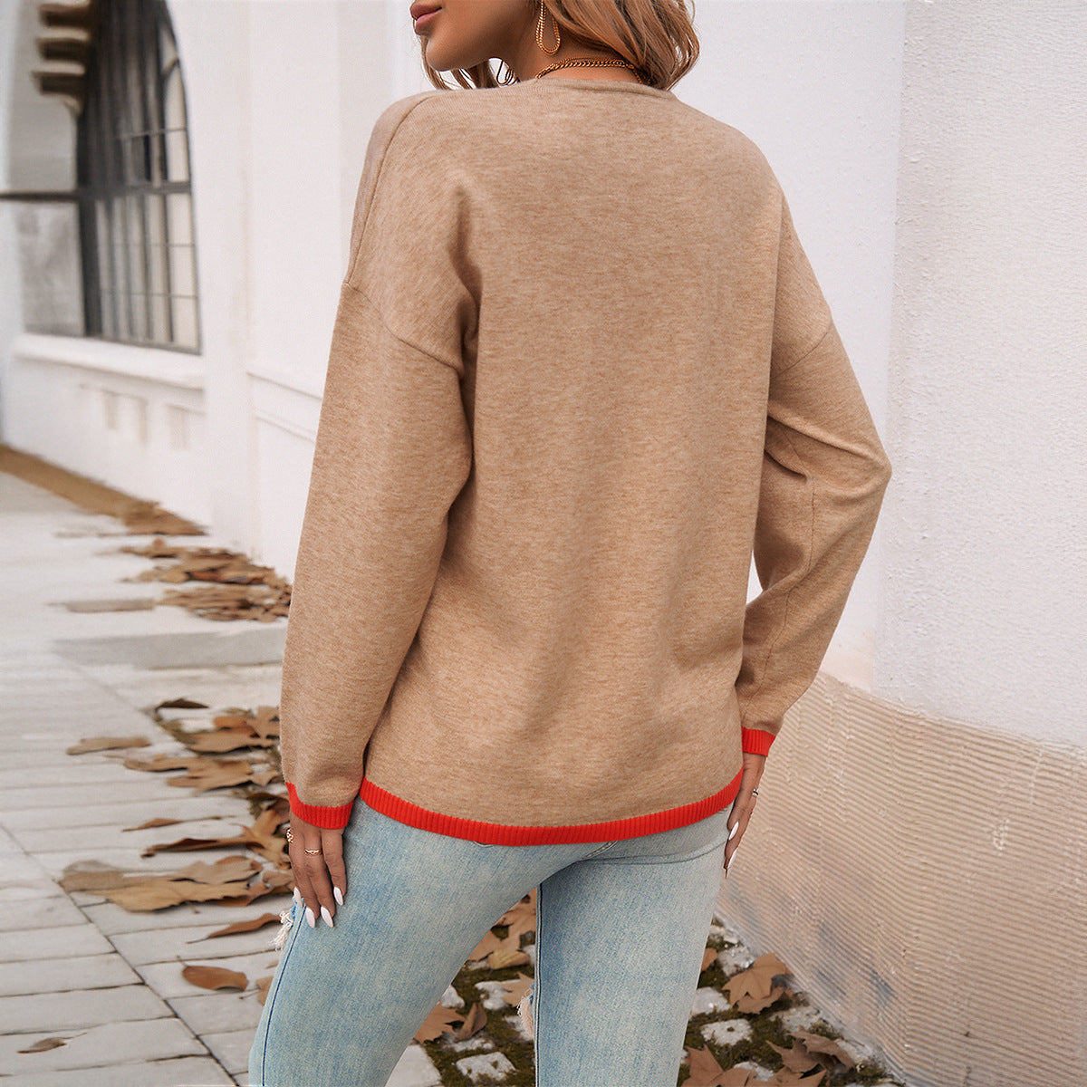 Pullover Sweaters Long Sleeve V-Neck Loose Knit Tops