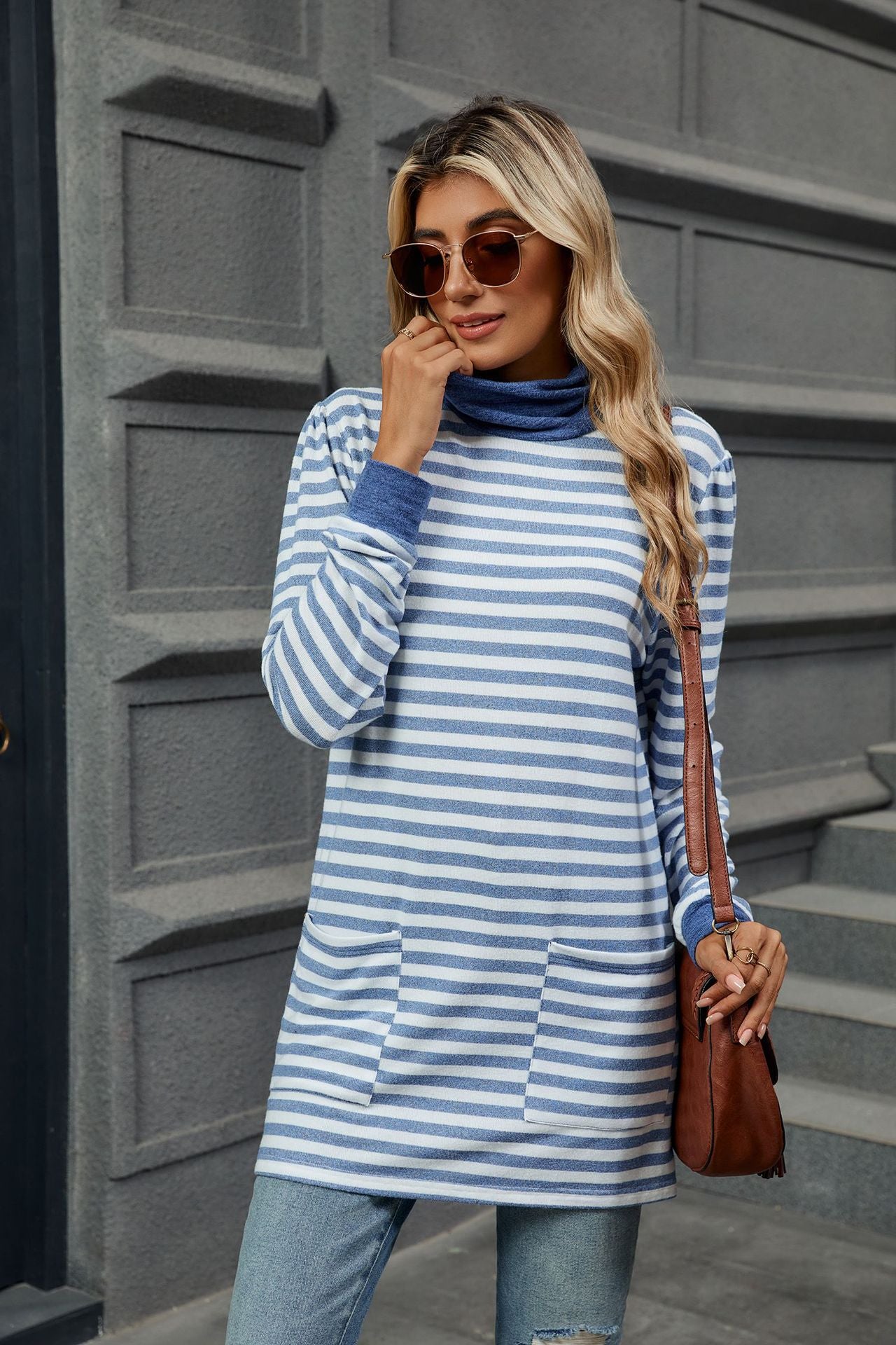 Stripes Contrast Loose Pockets High Neck Long Sleeves