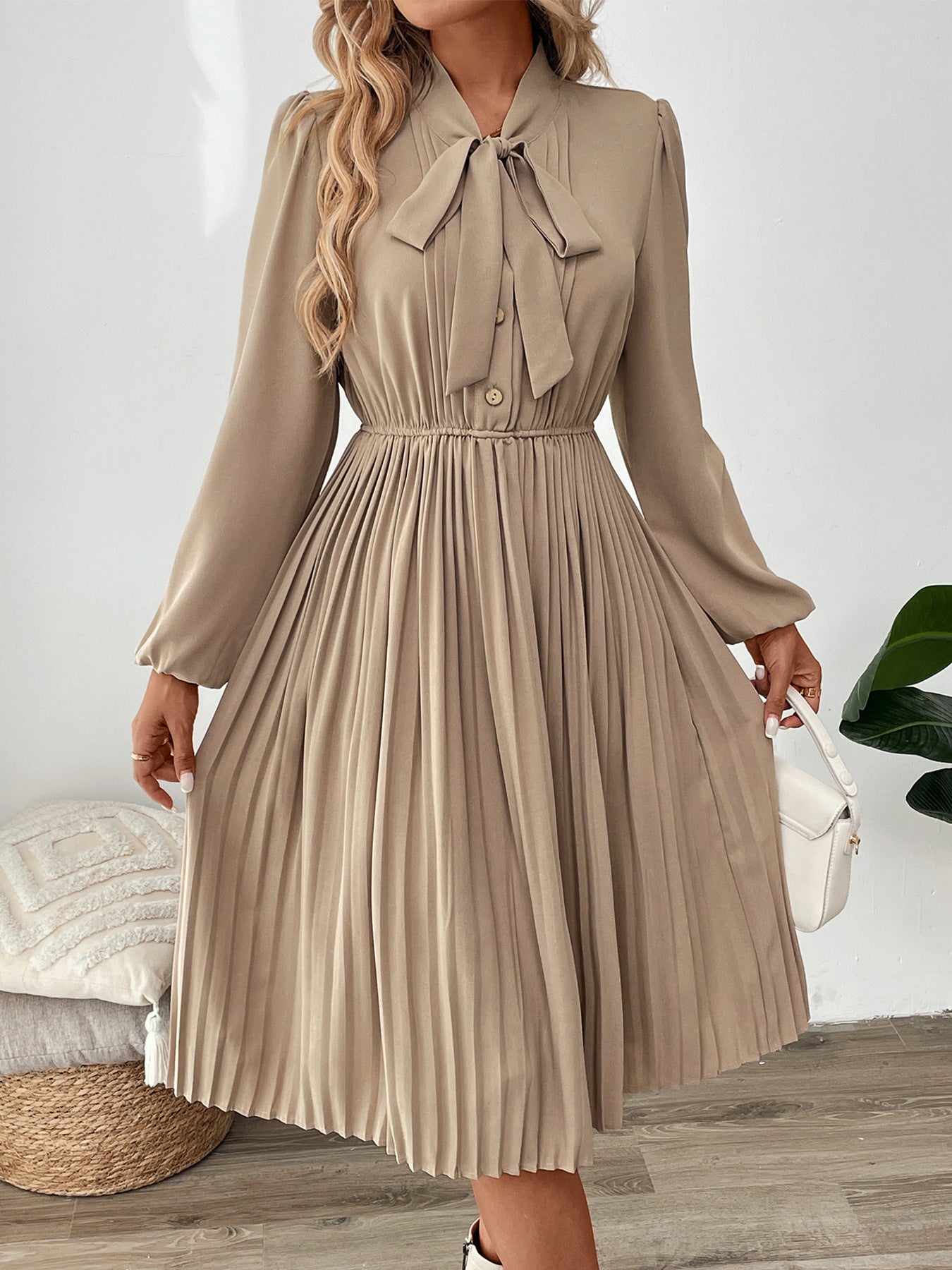 Neck Tie Solid Color Button-down Pleated Dress