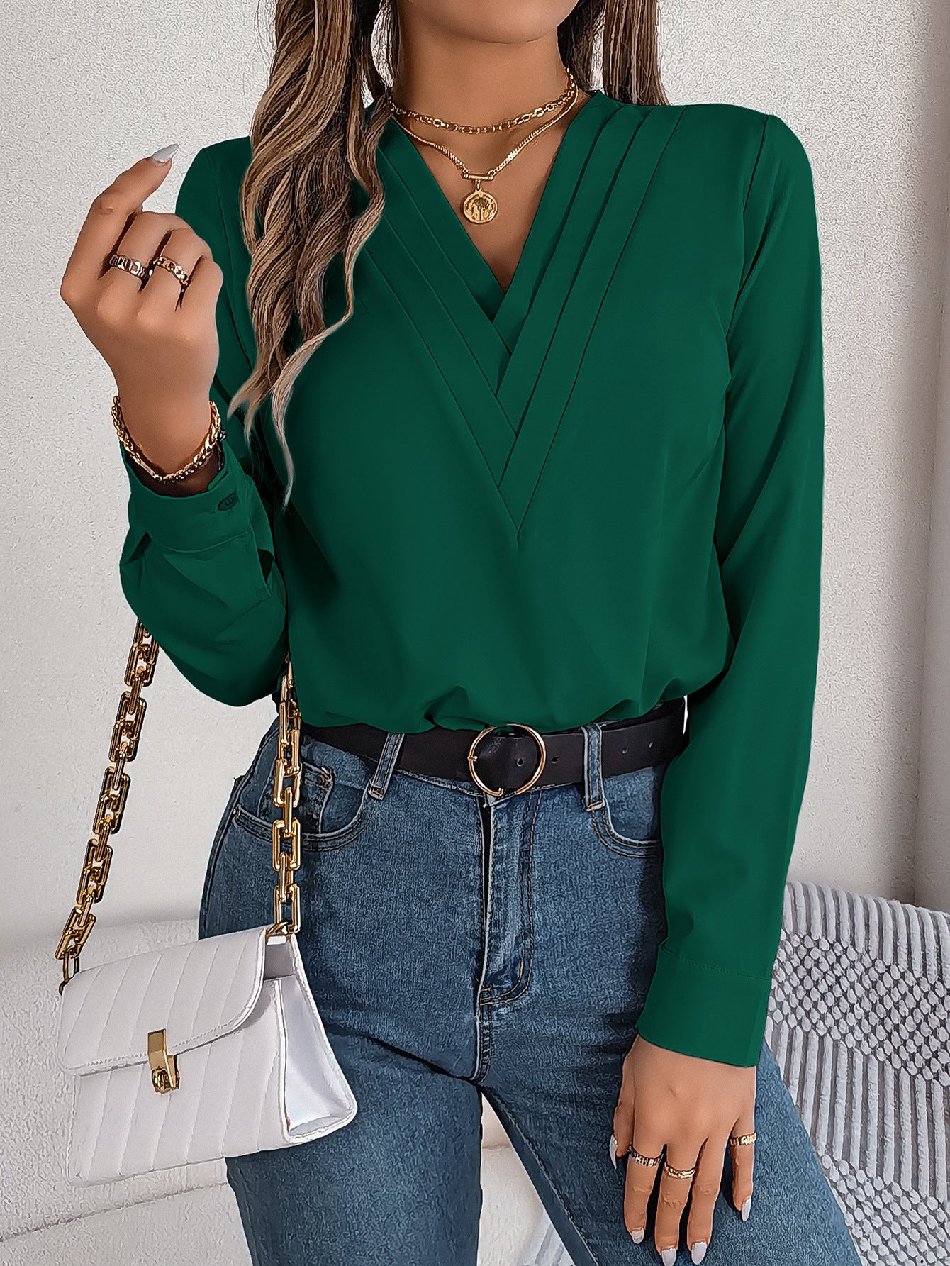 Long Sleeve Tops Pleated V Neck Dressy Casual Blouse Shirt Top