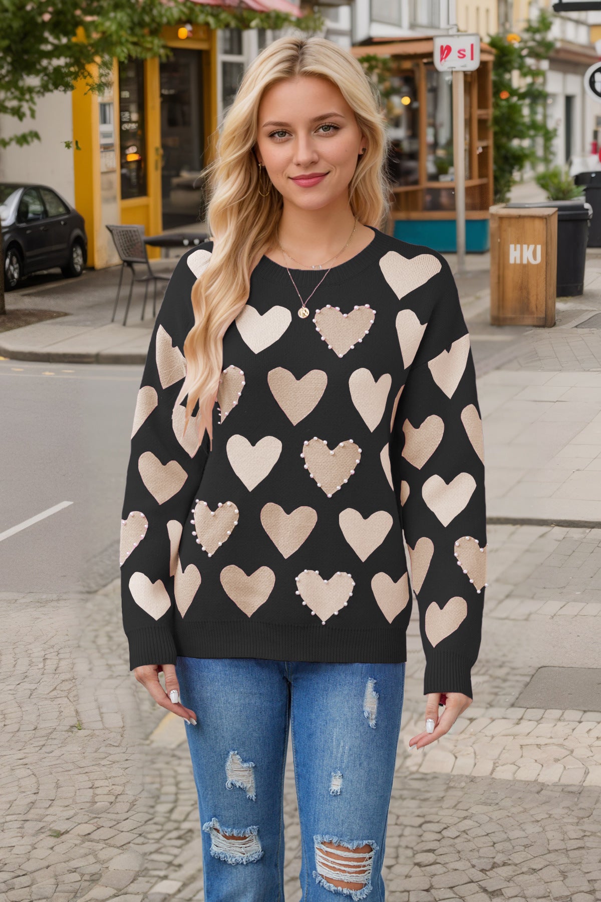 Valentine's Day Oversized Sweaters Heart Peach Print Pullover Tops