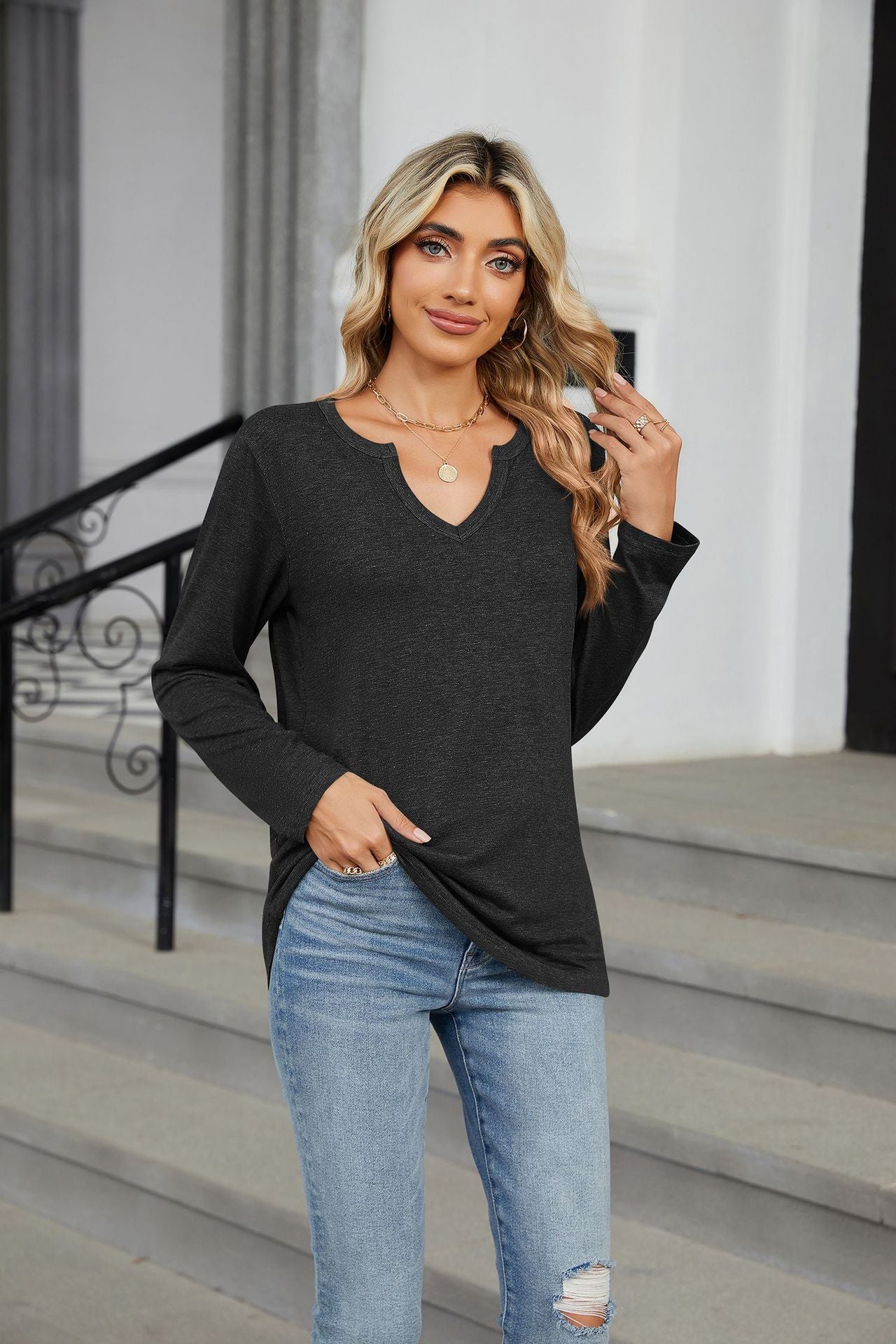 V-neck Long-sleeved Loose T-shirt Solid Color Top