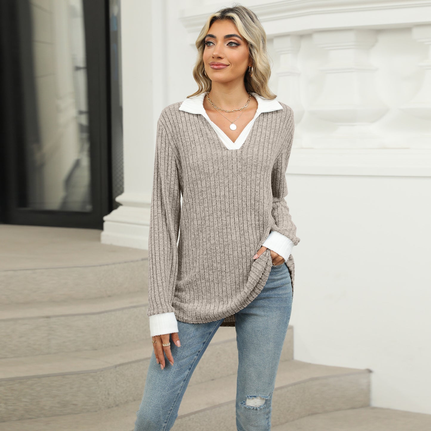 Contrasting Lapel Long Sleeve Loose T-Shirt Top