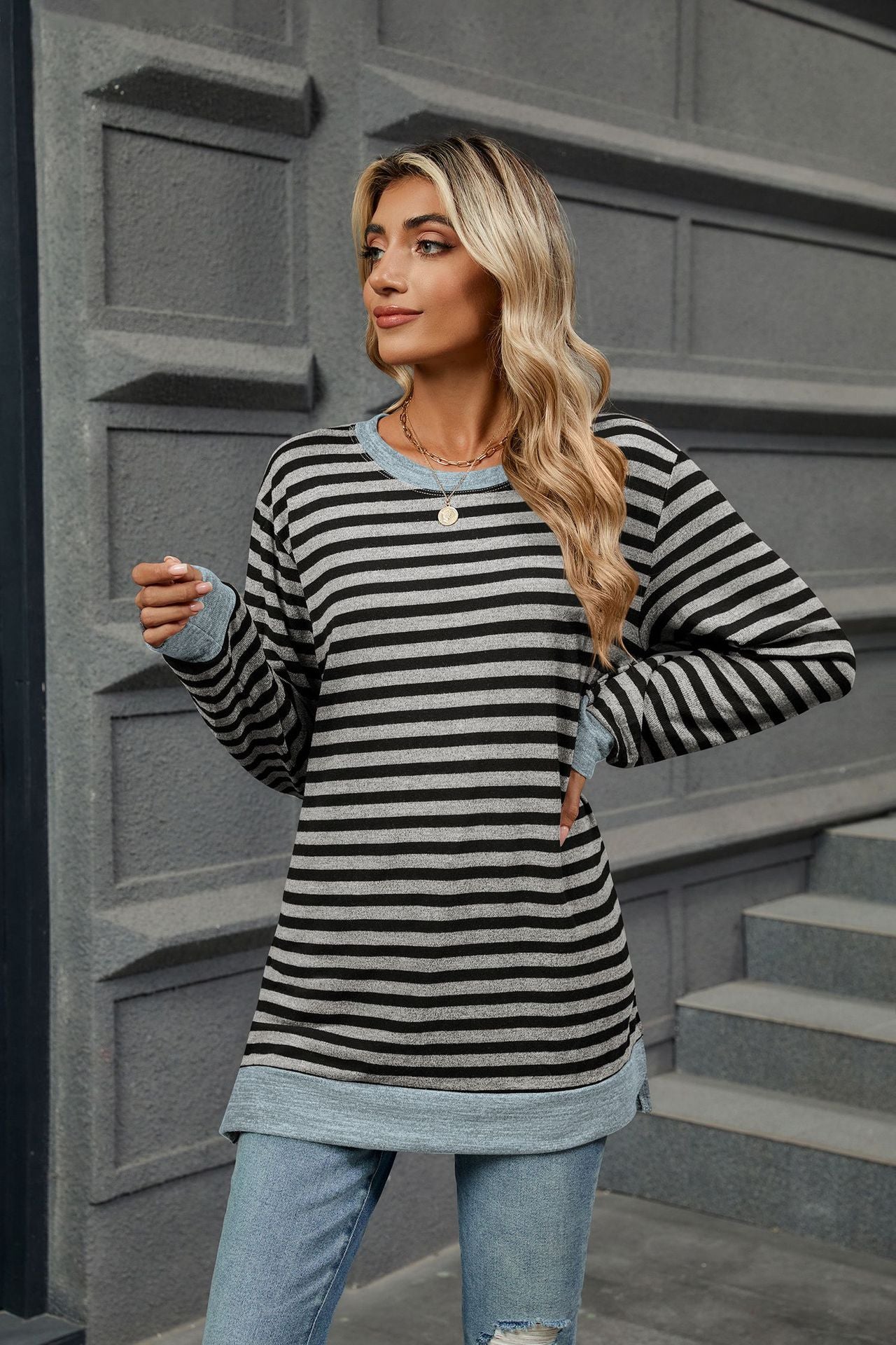 Striped Crew Neck Long Sleeves Loose