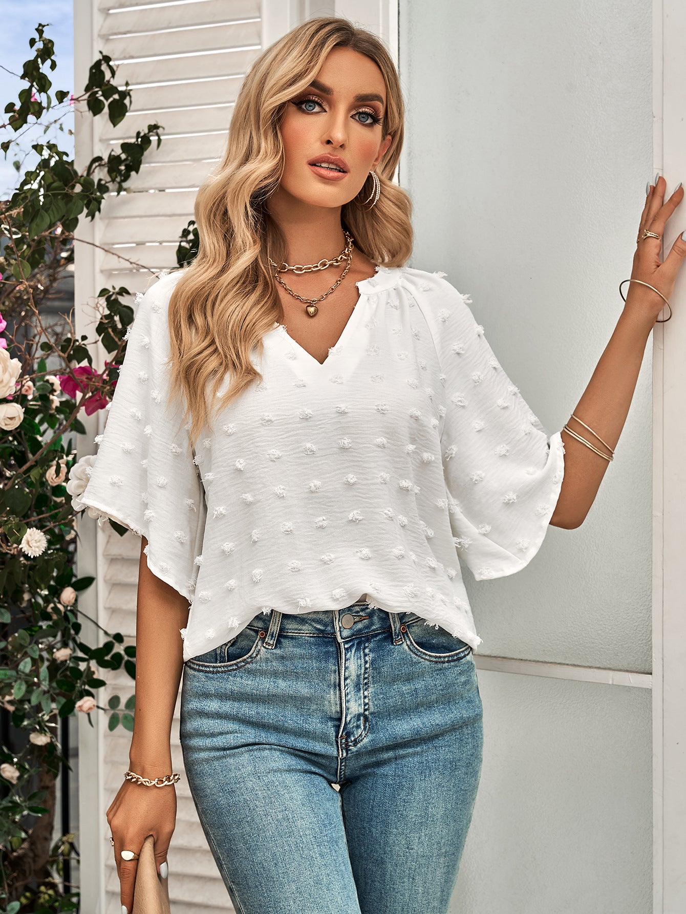 Casual V-neck Solid Furball Top