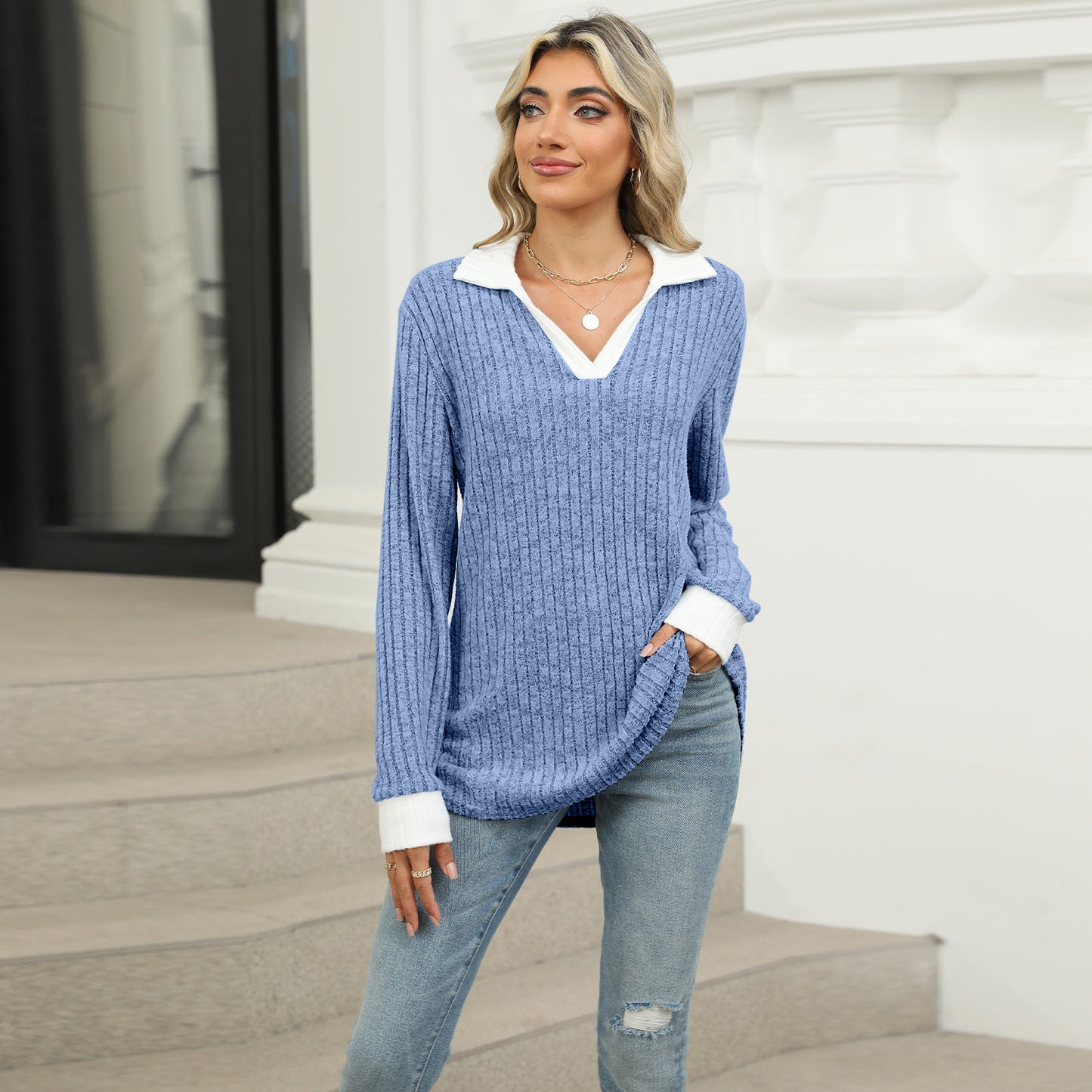 Contrasting Lapel Long Sleeve Loose T-Shirt Top