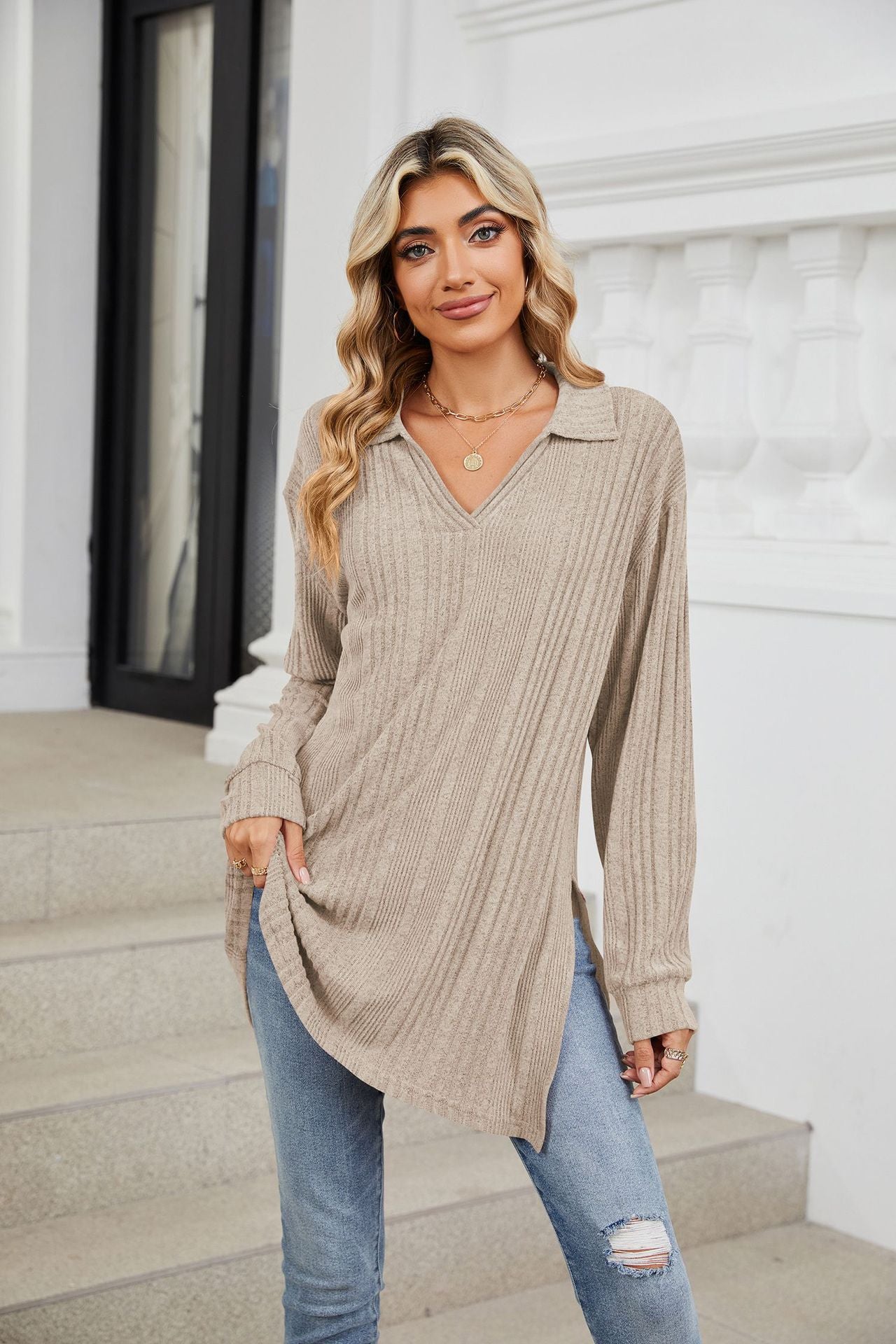 Solid Color V-neck Long-sleeved Loose T-shirt Top