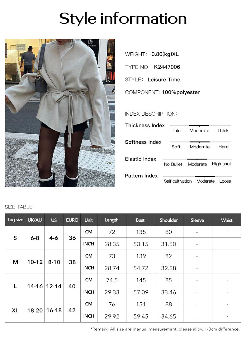 Solid Color Horn Sleeve Belt Trench Coat Women's Clothing