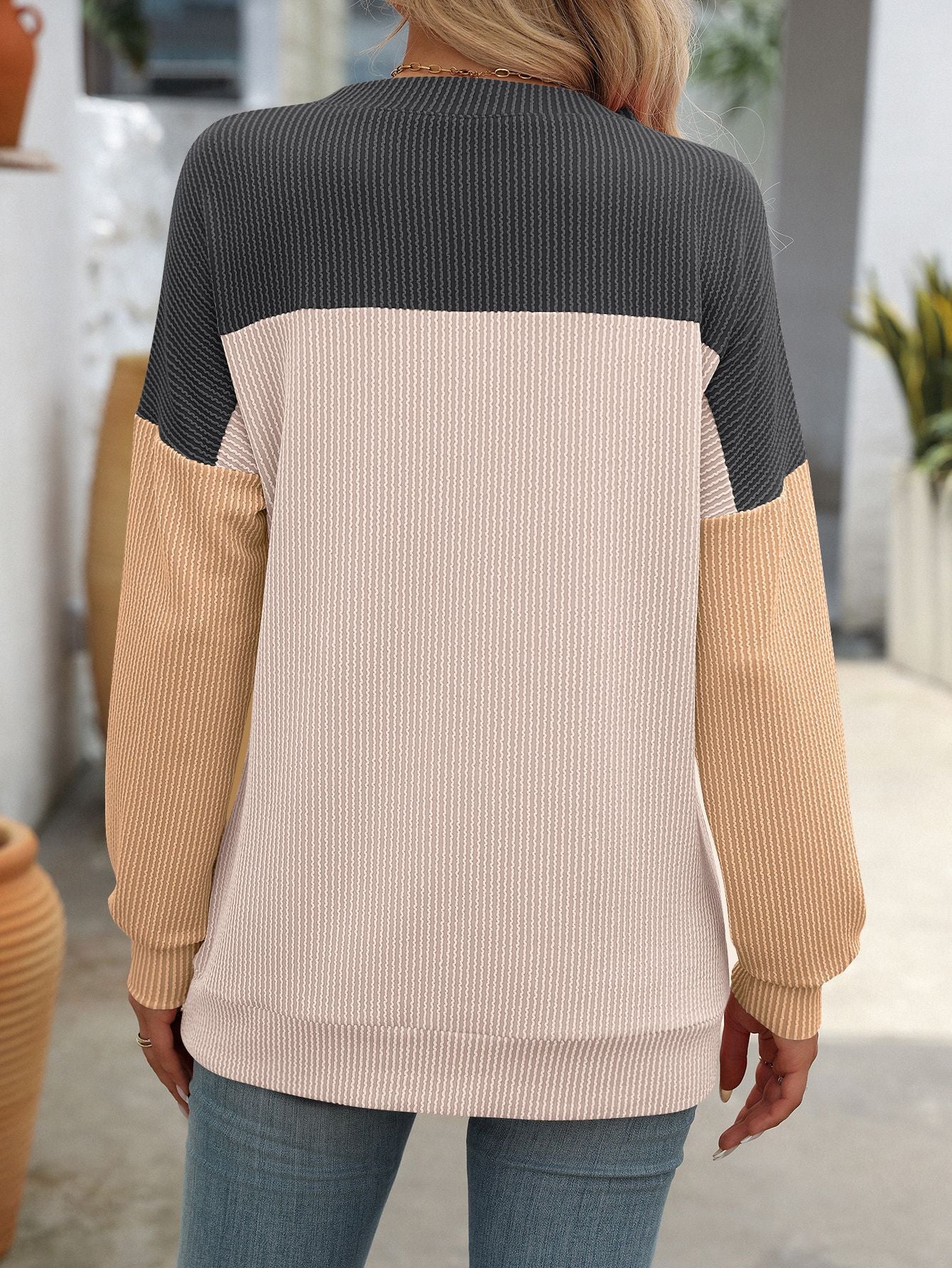 Crew Neck Twist Strip Color Matching Long Sleeve Loose T-shirt Women