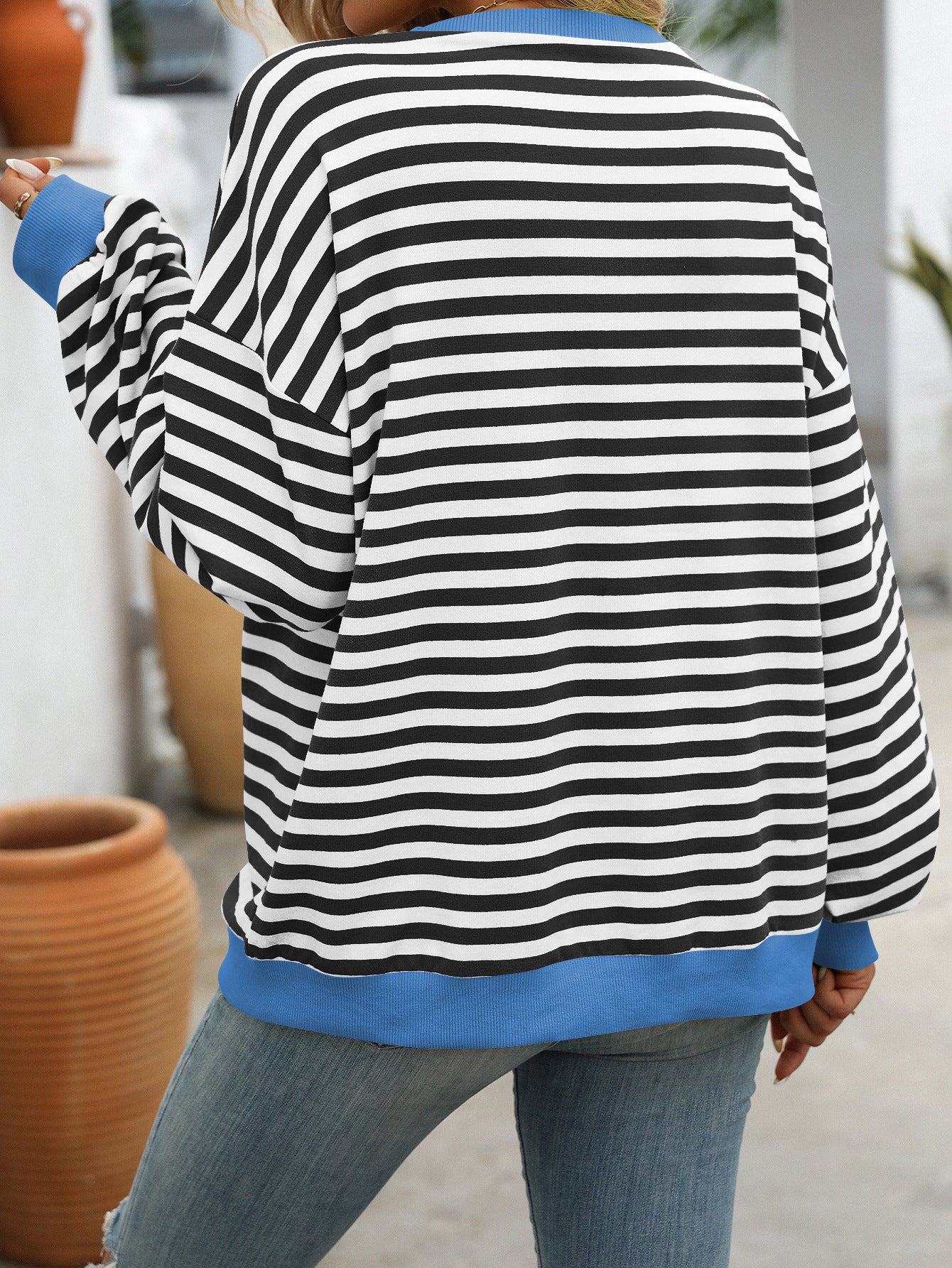 Women Color Striped Crew Neck Loose Sweatshirt Sweater