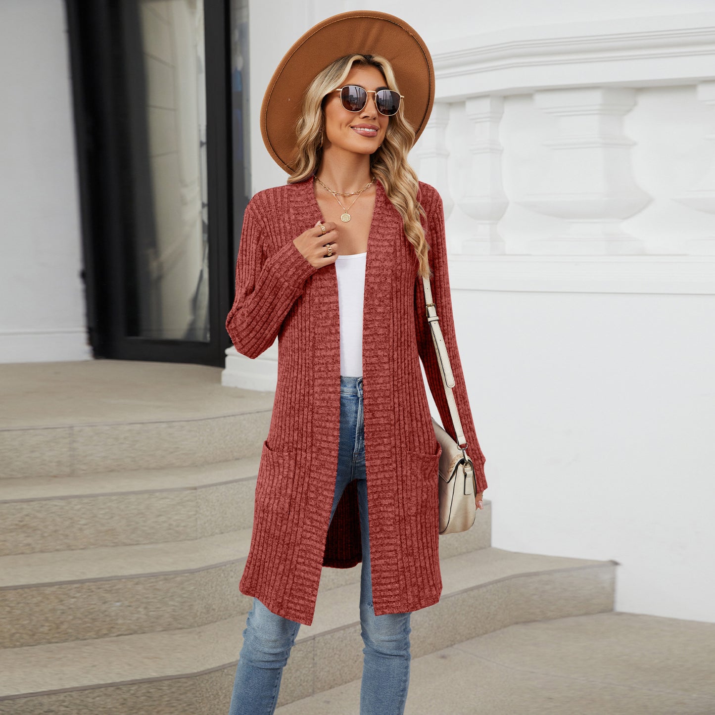 Long Solid Color Long-sleeved Loose Pocket Cardigan