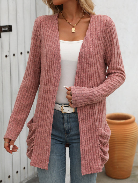 Solid Color Pit Strip Abraded Pocket Cardigan Long-sleeved Jacket