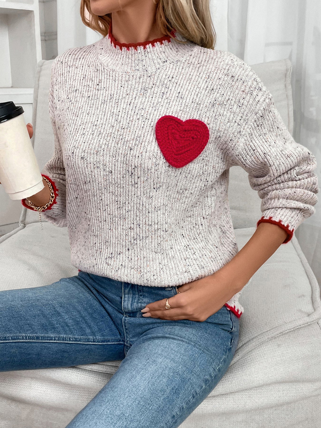 Half Turtleneck Valentine's Day Heart Pattern Sweater Crew Neck Casual Pullover