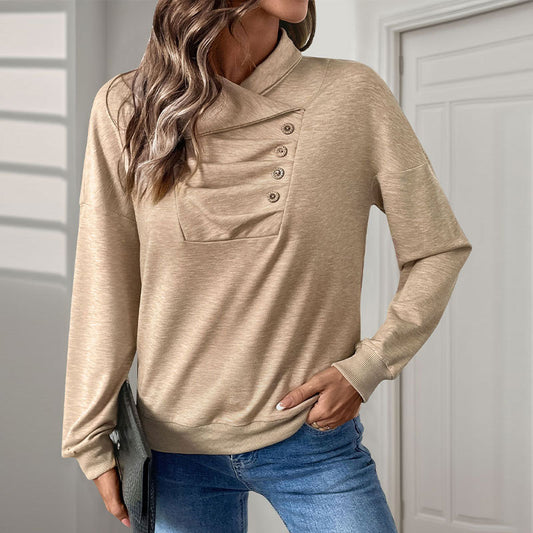 Casual Pleated Button Solid Color Stand-up Neck Sweater Women