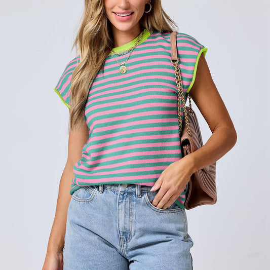 Crew Neck Knitted Top Casual Striped Contrasting Sweater